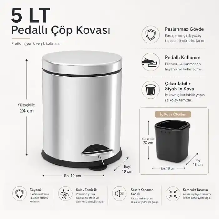 Alper Banyo Krom 5 Lt Micro Pedallı Çöp Kovası