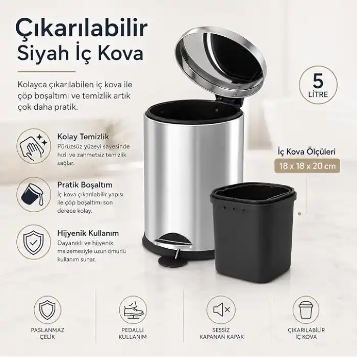 Alper Banyo Krom 5 Lt Micro Pedallı Çöp Kovası