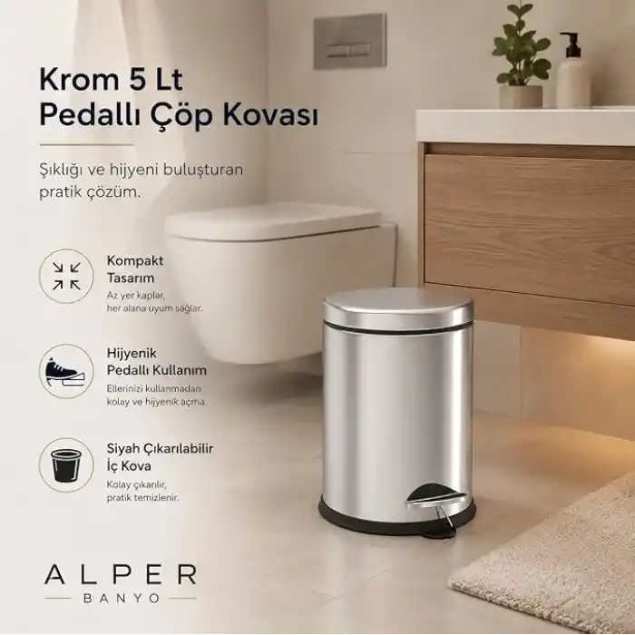 Alper Banyo Krom 5 Lt Micro Pedallı Çöp Kovası