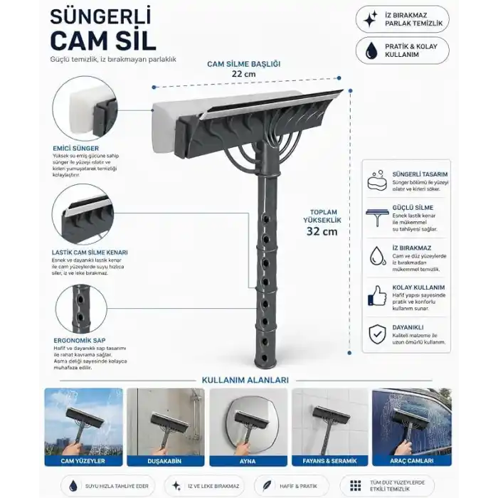 Çift Taraflı Süngerli Cam Sil Aparatı 22 cm Çekçekli Temizlik Aleti Ergonomik Saplı Pencere Duşakabin Ayna Araç Camı Fayans Mermer Parlak Yüzeyler İçin İz Bırakmayan Pratik Silme Ekipmanı