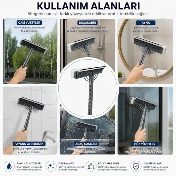 Çift Taraflı Süngerli Cam Sil Aparatı 22 cm Çekçekli Temizlik Aleti Ergonomik Saplı Pencere Duşakabin Ayna Araç Camı Fayans Mermer Parlak Yüzeyler İçin İz Bırakmayan Pratik Silme Ekipmanı