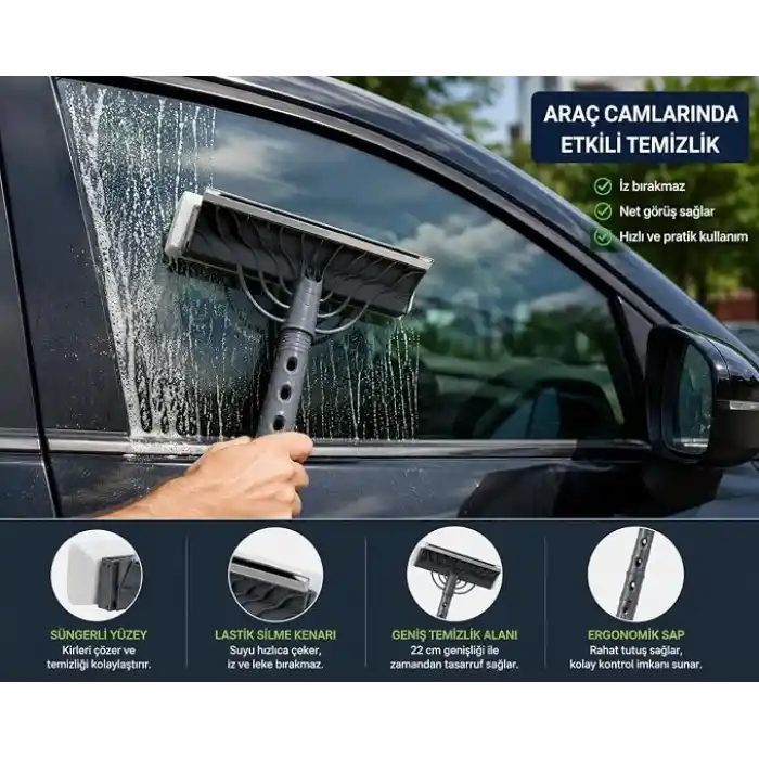 Çift Taraflı Süngerli Cam Sil Aparatı 22 cm Çekçekli Temizlik Aleti Ergonomik Saplı Pencere Duşakabin Ayna Araç Camı Fayans Mermer Parlak Yüzeyler İçin İz Bırakmayan Pratik Silme Ekipmanı
