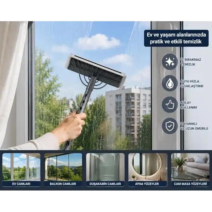 Çift Taraflı Süngerli Cam Sil Aparatı 22 cm Çekçekli Temizlik Aleti Ergonomik Saplı Pencere Duşakabin Ayna Araç Camı Fayans Mermer Parlak Yüzeyler İçin İz Bırakmayan Pratik Silme Ekipmanı