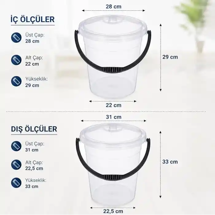 15 Litre Şeffaf Kapaklı Su Kovası, Petekli Kapaklı Plastik Kova, Ölçekli, Ergonomik Saplı, Çok Amaçlı, Ev, Mutfak, Temizlik ve Depolama İçin