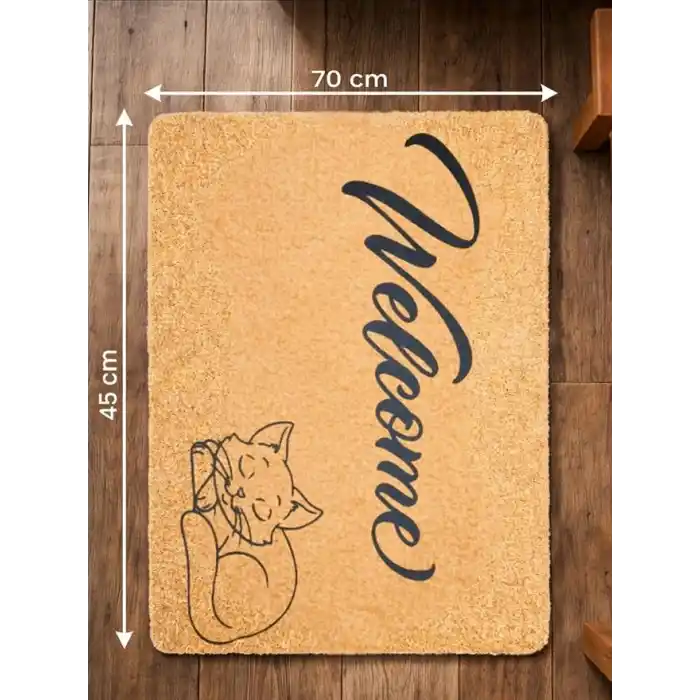 BEYLİNİ Welcome Yazılı Kedi Desenli Koko Paspas Ev Dış Kapı Giriş Paspası TPR Kaymaz Taban Modern Su Geçirmez Bej 70x45CM