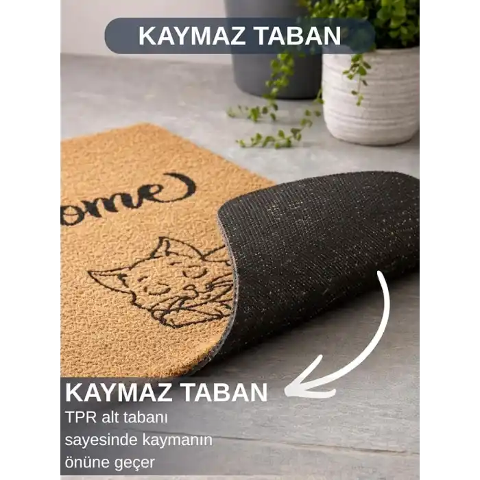 BEYLİNİ Welcome Yazılı Kedi Desenli Koko Paspas Ev Dış Kapı Giriş Paspası TPR Kaymaz Taban Modern Su Geçirmez Bej 70x45CM