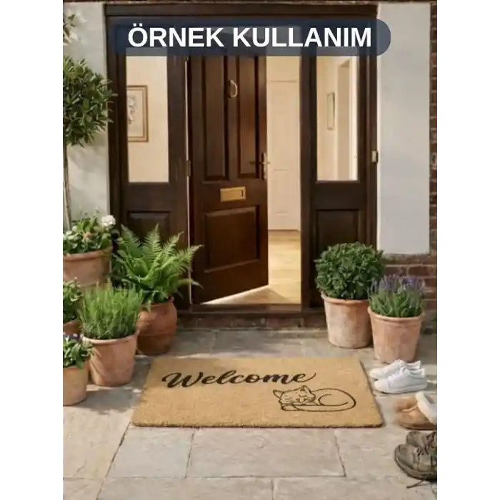 BEYLİNİ Welcome Yazılı Kedi Desenli Koko Paspas Ev Dış Kapı Giriş Paspası TPR Kaymaz Taban Modern Su Geçirmez Bej 70x45CM