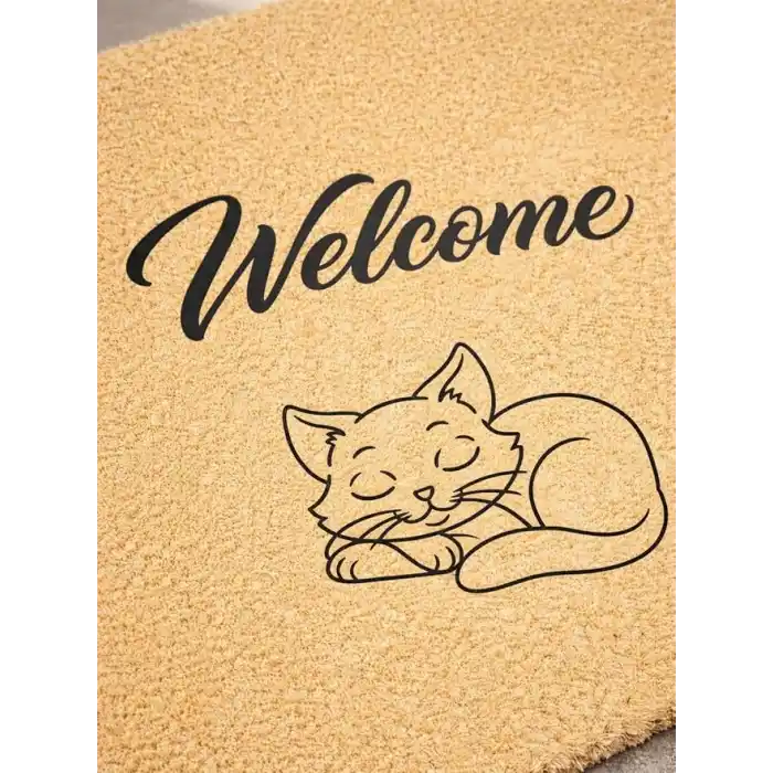 BEYLİNİ Welcome Yazılı Kedi Desenli Koko Paspas Ev Dış Kapı Giriş Paspası TPR Kaymaz Taban Modern Su Geçirmez Bej 70x45CM
