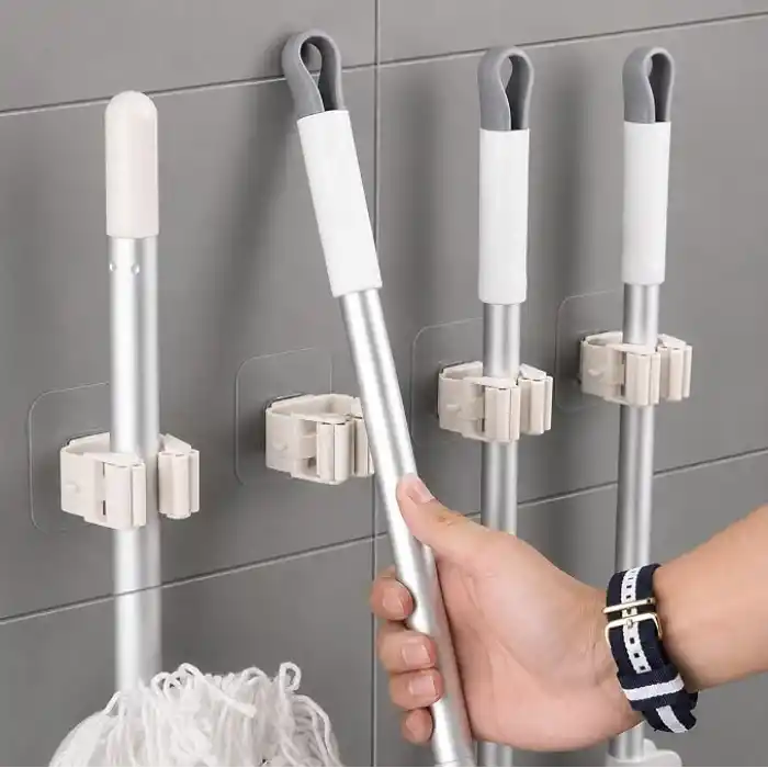 Yapışkanlı Mop ve Süpürge Tutucu, Duvar Askısı | 4lü Set