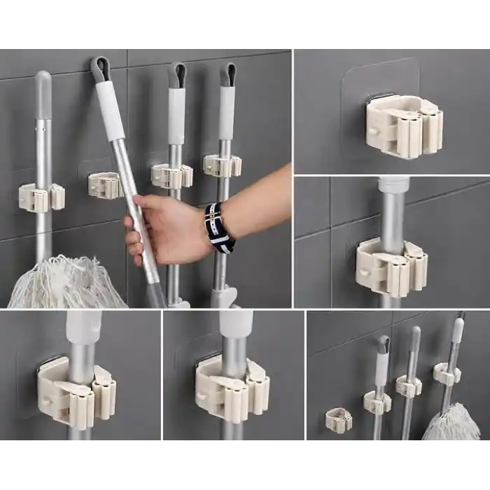Yapışkanlı Mop ve Süpürge Tutucu, Duvar Askısı | 4lü Set