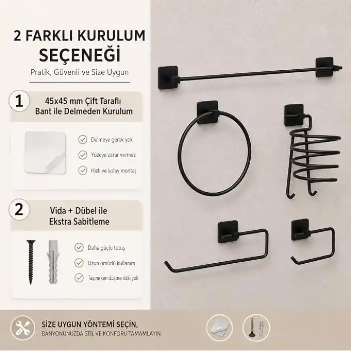 Alper Banyo 5’li Siyah Banyo Seti, Yapışkanlı ve Vidalı Montajlı, Uzun Havluluk, Halka Havluluk, Fön Makinesi Askısı, Solo Havlu Kağıdı Askısı ve Tuvalet Kağıdı Askısı