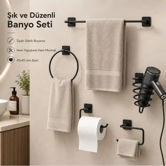 Alper Banyo 5’li Siyah Banyo Seti, Yapışkanlı ve Vidalı Montajlı, Uzun Havluluk, Halka Havluluk, Fön Makinesi Askısı, Solo Havlu Kağıdı Askısı ve Tuvalet Kağıdı Askısı