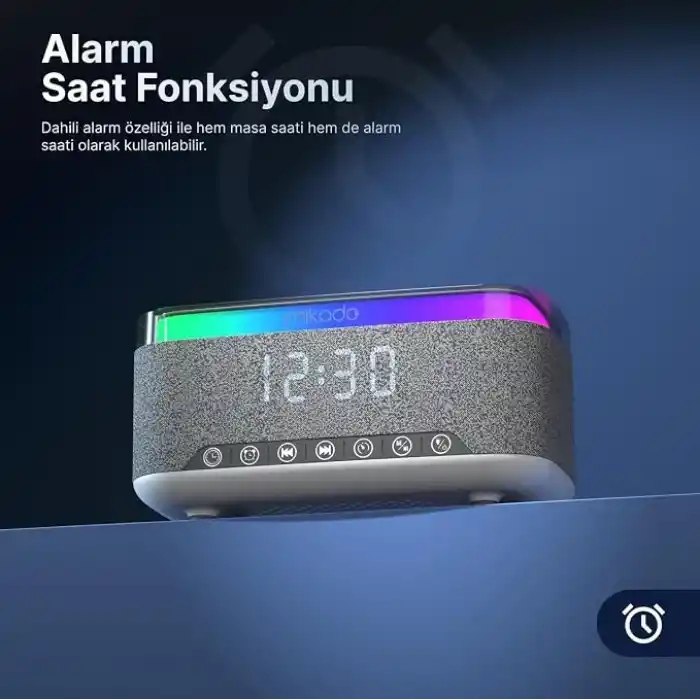 Mikado MD-W10 1200mAh 10W Gri BT USB RGB Gece Lambası Alarmlı Saat Speaker