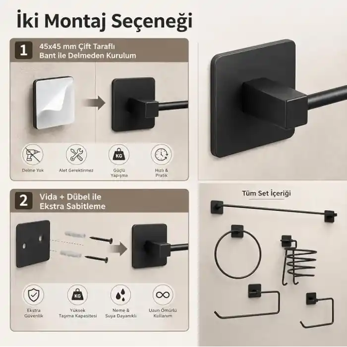 Alper Banyo 5’li Siyah Banyo Seti, Yapışkanlı ve Vidalı Montajlı, Uzun Havluluk, Halka Havluluk, Fön Makinesi Askısı, Solo Havlu Kağıdı Askısı ve Tuvalet Kağıdı Askısı
