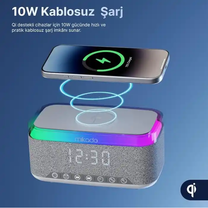 Mikado MD-W10 1200mAh 10W Gri BT USB RGB Gece Lambası Alarmlı Saat Speaker