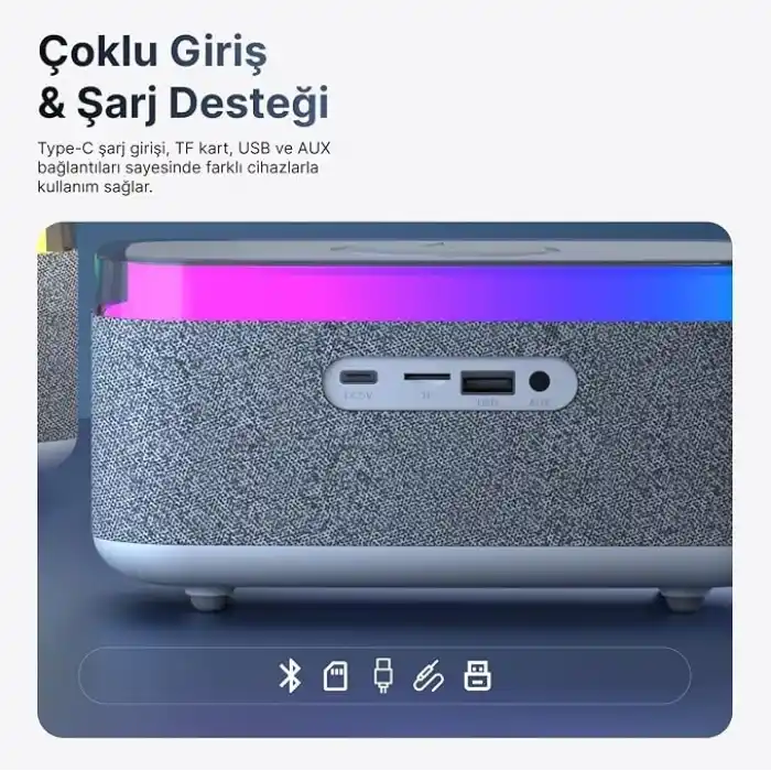 Mikado MD-W10 1200mAh 10W Gri BT USB RGB Gece Lambası Alarmlı Saat Speaker
