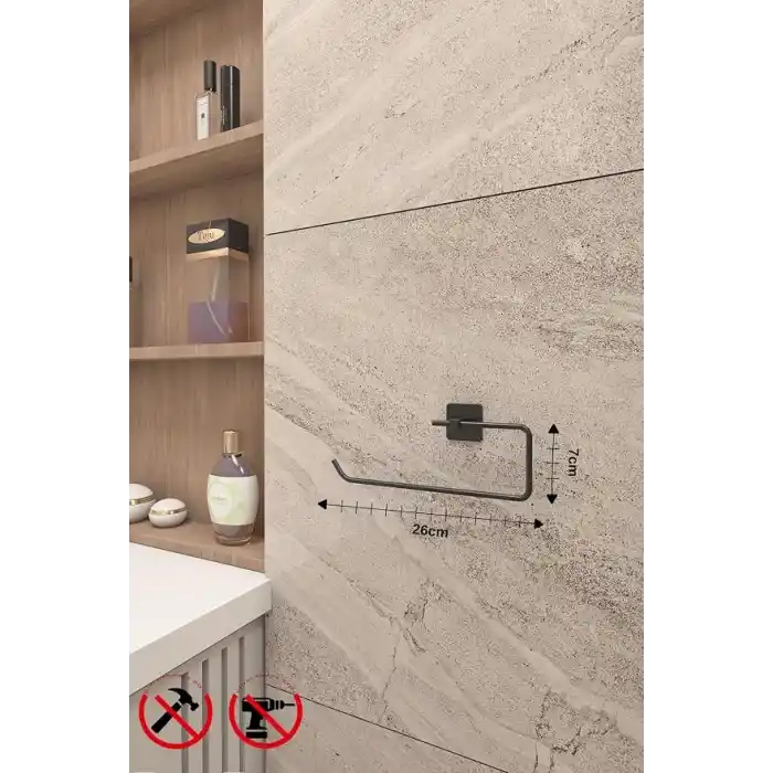 Alper Banyo 5’li Siyah Banyo Seti, Yapışkanlı ve Vidalı Montajlı, Uzun Havluluk, Halka Havluluk, Fön Makinesi Askısı, Solo Havlu Kağıdı Askısı ve Tuvalet Kağıdı Askısı