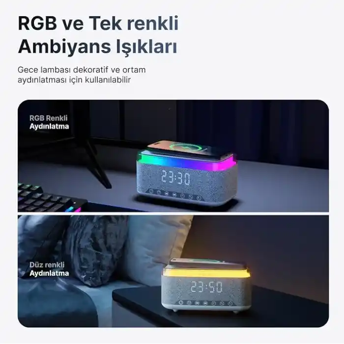 Mikado MD-W10 1200mAh 10W Gri BT USB RGB Gece Lambası Alarmlı Saat Speaker