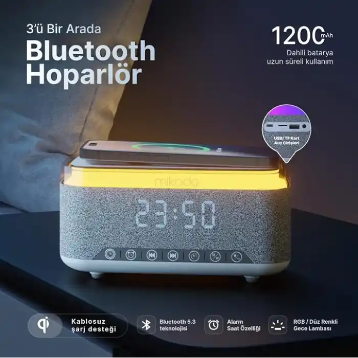 Mikado MD-W10 1200mAh 10W Gri BT USB RGB Gece Lambası Alarmlı Saat Speaker