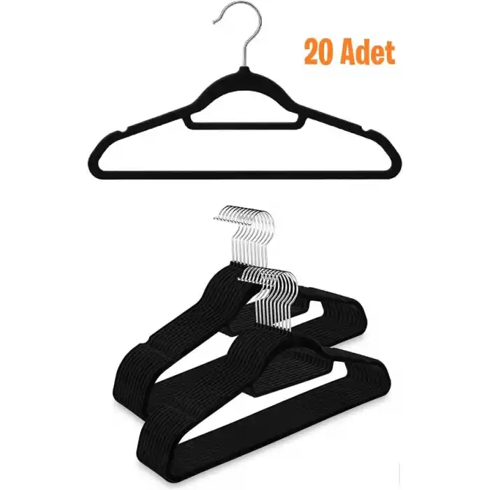 Kadife Askı, Pantolon Askısı, Elbise Askısı, Yüksek Kalite Kadife Kıyafet Askısı, 41 Cm, 20 Adet, Siyah