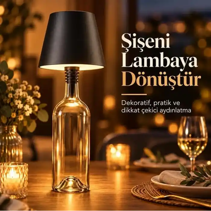 Coverzone Şişe Tipi LED Masa Lambası(Şişe Dahil Değildir), 3 Işık Seçenekli Dokunmatik Dekoratif Aydınlatma, USB Şarjlı Kablosuz Masa Lambası, LED-L200 (Beyaz)
