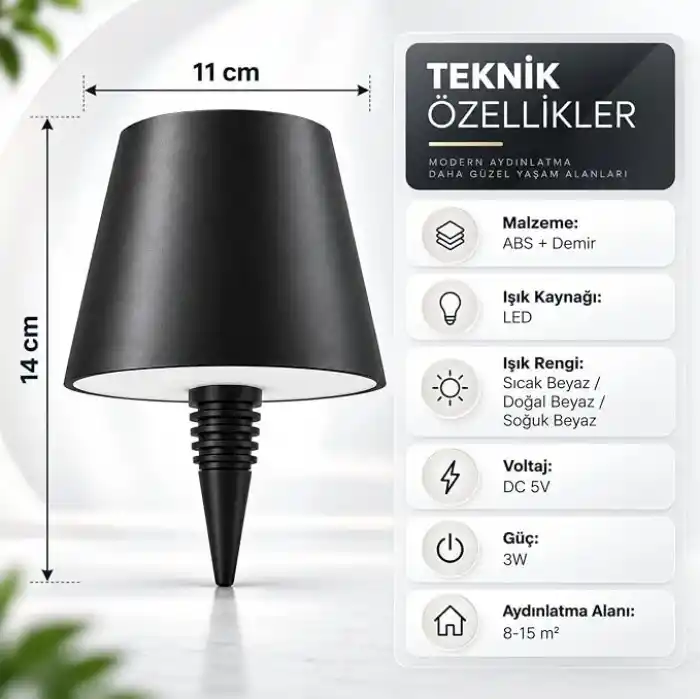 Coverzone Şişe Tipi LED Masa Lambası(Şişe Dahil Değildir), 3 Işık Seçenekli Dokunmatik Dekoratif Aydınlatma, USB Şarjlı Kablosuz Masa Lambası, LED-L200 (Beyaz)