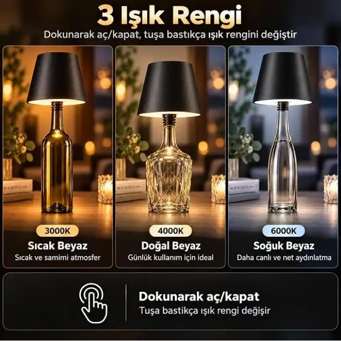Coverzone Şişe Tipi LED Masa Lambası(Şişe Dahil Değildir), 3 Işık Seçenekli Dokunmatik Dekoratif Aydınlatma, USB Şarjlı Kablosuz Masa Lambası, LED-L200 (Beyaz)