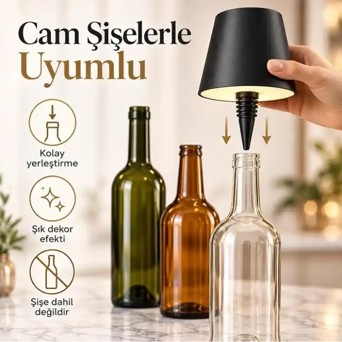 Coverzone Şişe Tipi LED Masa Lambası(Şişe Dahil Değildir), 3 Işık Seçenekli Dokunmatik Dekoratif Aydınlatma, USB Şarjlı Kablosuz Masa Lambası, LED-L200 (Beyaz)