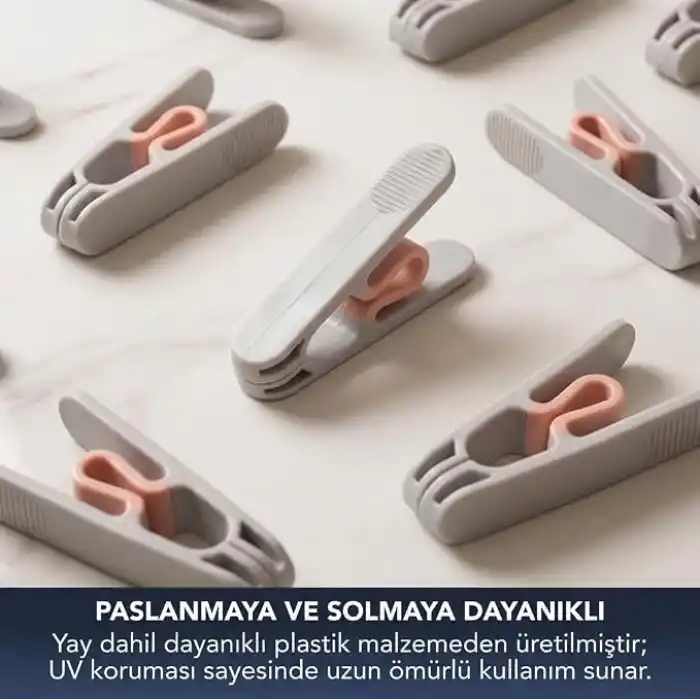 Deconox 24 Adet Yeni Nesil Yaysız Çamaşır Mandalı, Güçlü Tutuşlu Paslanmaya Dayanıklı Plastik Kurutmalık Mandalı, Gri Pudra Renk Modern Çamaşır Askı İp Balkon Banyo Mandal Seti