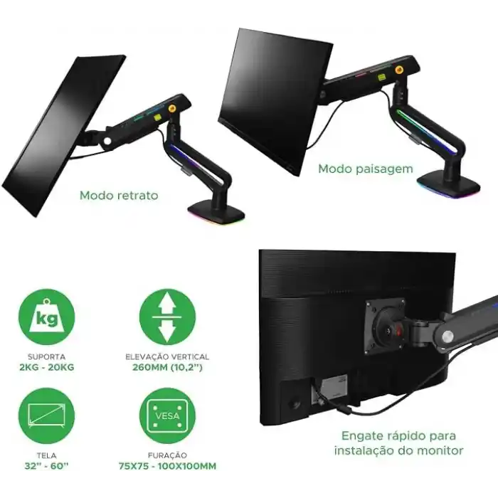 NB North Bayou F6 Gaming 1 Adet Monitör Takılabilen, 32 - 60 Uyumlu, RGB Aydınlatma, Kablo Kanallı, 2-20 KG Destekli, 360° Dönebilen, Masa Monte, TUV Sertifikalı, Profesyonel Oyuncu Monitör Standı