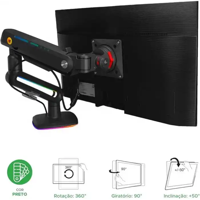 NB North Bayou F6 Gaming 1 Adet Monitör Takılabilen, 32 - 60 Uyumlu, RGB Aydınlatma, Kablo Kanallı, 2-20 KG Destekli, 360° Dönebilen, Masa Monte, TUV Sertifikalı, Profesyonel Oyuncu Monitör Standı