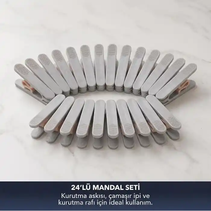 Deconox 24 Adet Yeni Nesil Yaysız Çamaşır Mandalı, Güçlü Tutuşlu Paslanmaya Dayanıklı Plastik Kurutmalık Mandalı, Gri Pudra Renk Modern Çamaşır Askı İp Balkon Banyo Mandal Seti