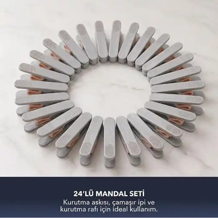 Deconox 24 Adet Yeni Nesil Yaysız Çamaşır Mandalı, Güçlü Tutuşlu Paslanmaya Dayanıklı Plastik Kurutmalık Mandalı, Gri Pudra Renk Modern Çamaşır Askı İp Balkon Banyo Mandal Seti