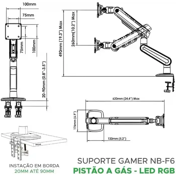 NB North Bayou F6 Gaming 1 Adet Monitör Takılabilen, 32 - 60 Uyumlu, RGB Aydınlatma, Kablo Kanallı, 2-20 KG Destekli, 360° Dönebilen, Masa Monte, TUV Sertifikalı, Profesyonel Oyuncu Monitör Standı