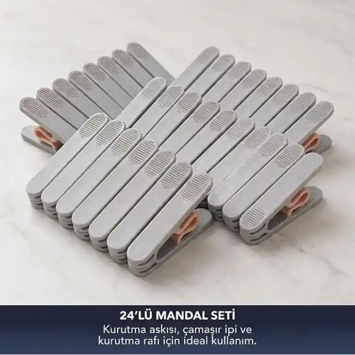 Deconox 24 Adet Yeni Nesil Yaysız Çamaşır Mandalı, Güçlü Tutuşlu Paslanmaya Dayanıklı Plastik Kurutmalık Mandalı, Gri Pudra Renk Modern Çamaşır Askı İp Balkon Banyo Mandal Seti