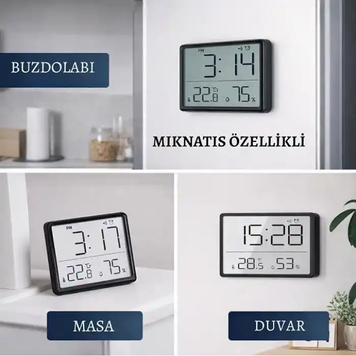 Artnest Mıknatıslı LCD Dijital Mini Saat Alarm Sıcaklık ve Nem Göstergeli Pilli 9x7 cm
