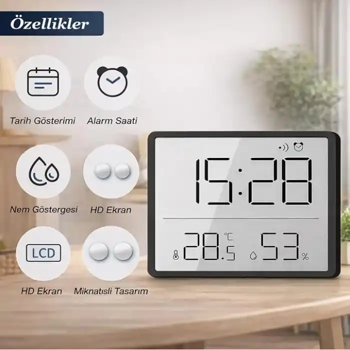 Artnest Mıknatıslı LCD Dijital Mini Saat Alarm Sıcaklık ve Nem Göstergeli Pilli 9x7 cm