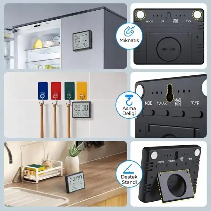 Artnest Mıknatıslı LCD Dijital Mini Saat Alarm Sıcaklık ve Nem Göstergeli Pilli 9x7 cm