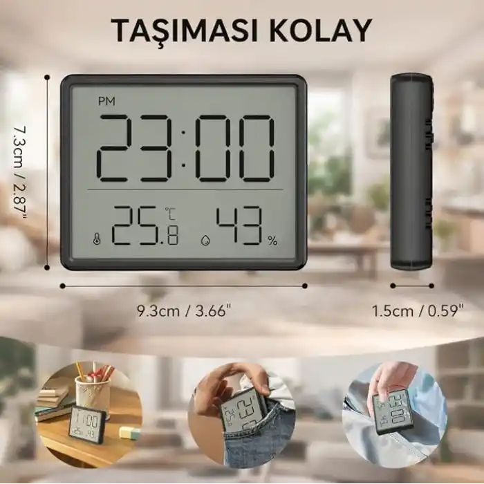Artnest Mıknatıslı LCD Dijital Mini Saat Alarm Sıcaklık ve Nem Göstergeli Pilli 9x7 cm