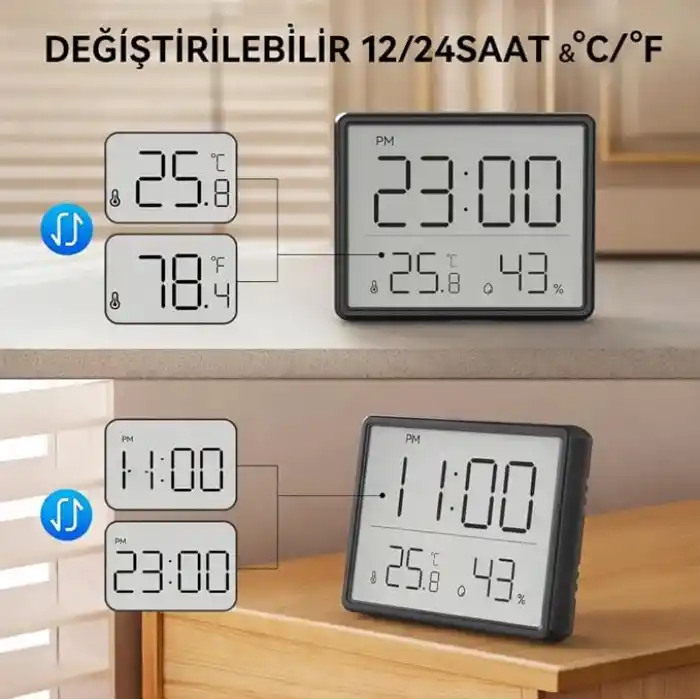 Artnest Mıknatıslı LCD Dijital Mini Saat Alarm Sıcaklık ve Nem Göstergeli Pilli 9x7 cm