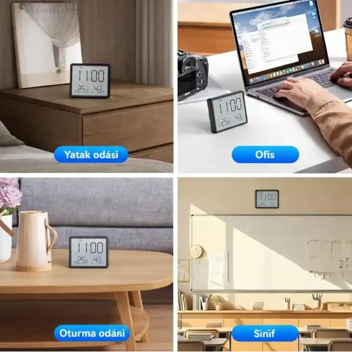 Artnest Mıknatıslı LCD Dijital Mini Saat Alarm Sıcaklık ve Nem Göstergeli Pilli 9x7 cm