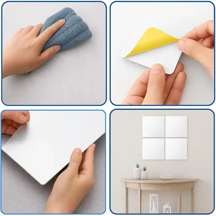 4 Adet Kendinden Yapışkanlı Pleksi Ayna Levha, Kırılmaz Akrilik Duvar Aynası, Dekoratif ve Modern Yapıştırmalı Panel, Hafif Parlak Pleksi Duvar Dekoru, Ev ve Ofis (4, Silver, 15x15)