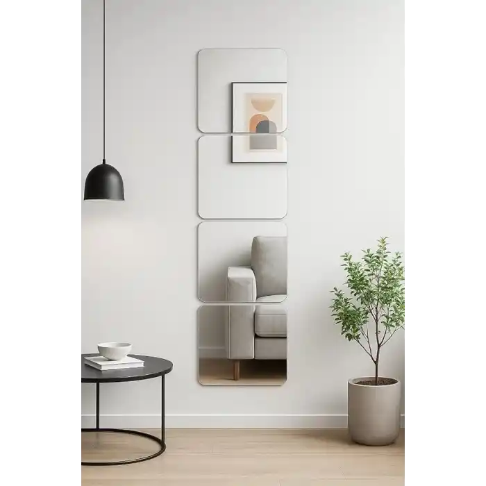 4 Adet Kendinden Yapışkanlı Pleksi Ayna Levha, Kırılmaz Akrilik Duvar Aynası, Dekoratif ve Modern Yapıştırmalı Panel, Hafif Parlak Pleksi Duvar Dekoru, Ev ve Ofis (4, Silver, 15x15)