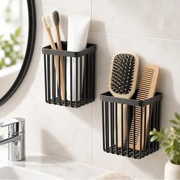 Orret Home 2 Adet Duvara Yapışkanlı Mini Sepet Organizer Diş Fırçası Tarak Kalemlik Çok Amaçlı Banyo Mutfak Ofis Düzenleyici Sepet 8,5 x 8,5 x 11 cm