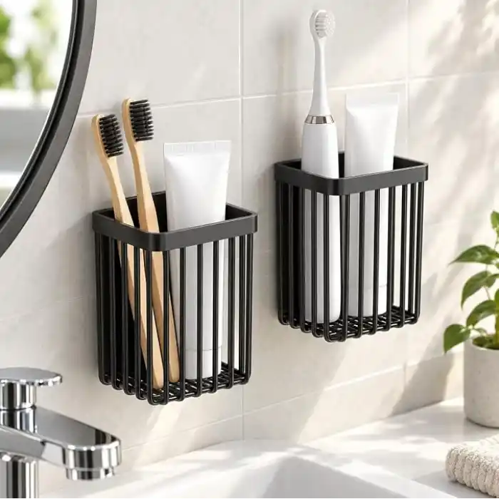 Orret Home 2 Adet Duvara Yapışkanlı Mini Sepet Organizer Diş Fırçası Tarak Kalemlik Çok Amaçlı Banyo Mutfak Ofis Düzenleyici Sepet 8,5 x 8,5 x 11 cm
