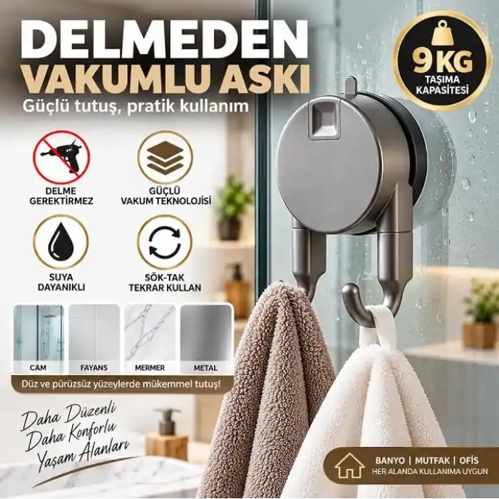 Vakumlu Havlu Bornoz Askısı 9 KG Çift Kancalı Delmeden Montaj Banyo Mutfak Duvar Askısı