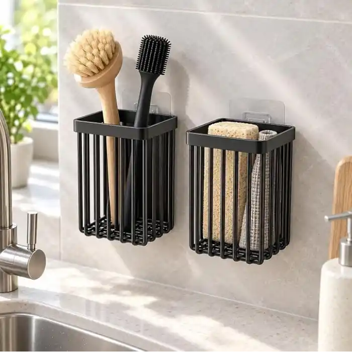 Orret Home 2 Adet Duvara Yapışkanlı Mini Sepet Organizer Diş Fırçası Tarak Kalemlik Çok Amaçlı Banyo Mutfak Ofis Düzenleyici Sepet 8,5 x 8,5 x 11 cm