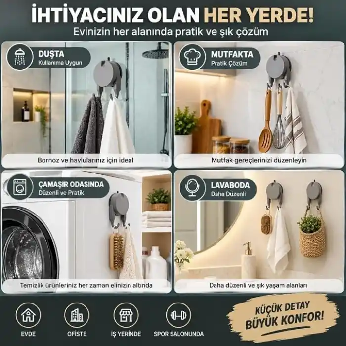 Vakumlu Havlu Bornoz Askısı 9 KG Çift Kancalı Delmeden Montaj Banyo Mutfak Duvar Askısı