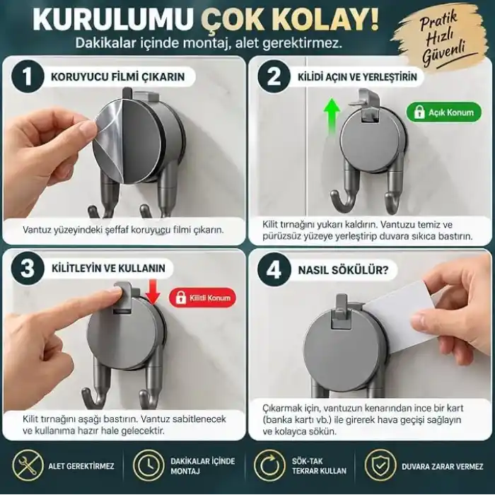 Vakumlu Havlu Bornoz Askısı 9 KG Çift Kancalı Delmeden Montaj Banyo Mutfak Duvar Askısı
