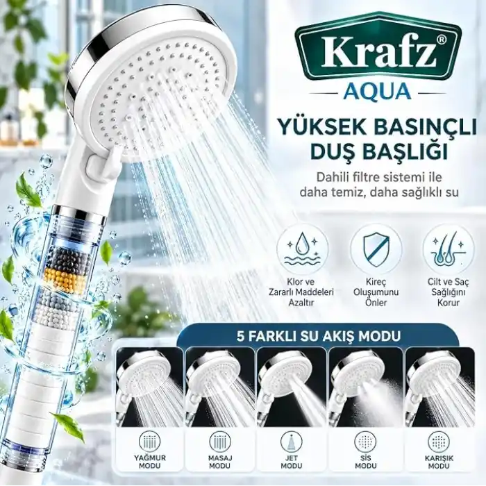 AQUA 5 Fonksiyonlu Filtreli Duş Başlığı Seti, Ayarlanabilir Yüksek Basınçlı Masaj Etkili El Duşu, Turbo Su Akışlı, Su Tasarruflu, Kireç ve Klor Önleyici, 3 Adet Yedek Filtreli